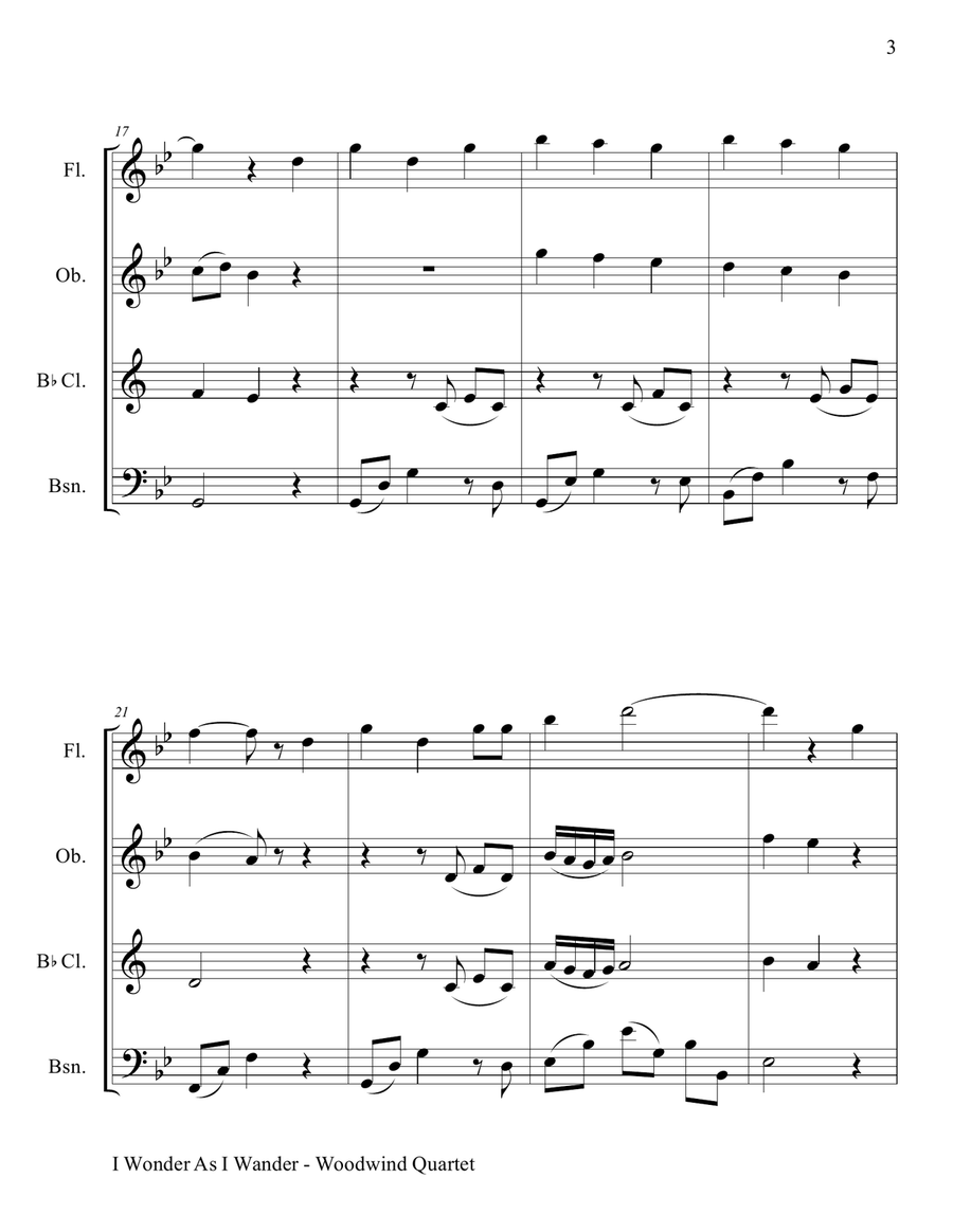 I Wonder As I Wander Woodwind Quartet scores gallery preview page 4