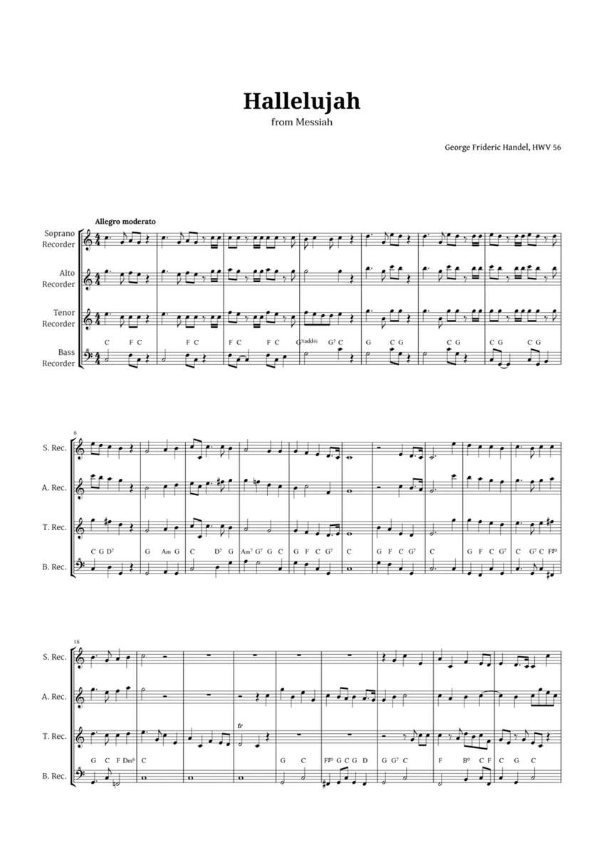 Hallelujah by Handel for Recorder Quartet image number null