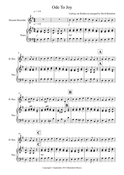 Ode to Joy for Descant Recorder and Piano image number null