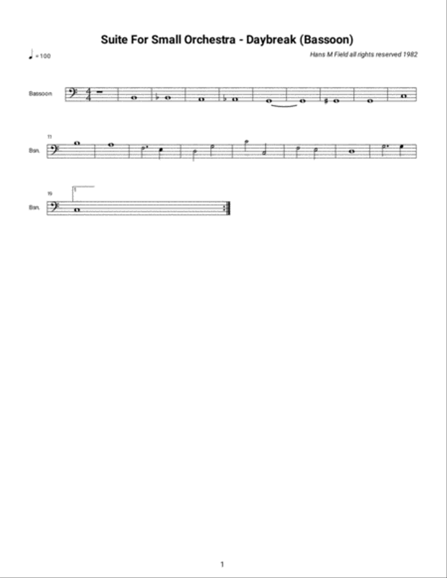 Suite for Small Orchestra - Daybreak (Basoon Part) Chamber Orchestra scores gallery preview page 1