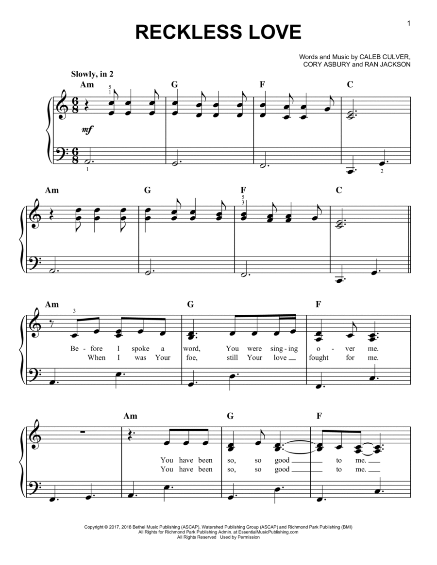 Reckless Love Easy Piano scores gallery preview page 1