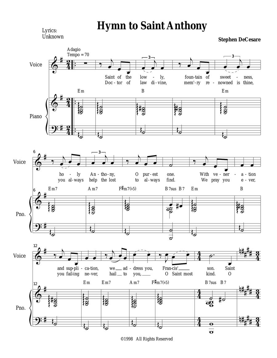Hymn To Saint Anthony Piano, Vocal scores gallery preview page 1
