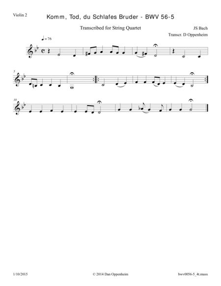 Bach: Komm, Tod, du Schlafes Bruder - BWV 56-5 transcribed for String Quartet image number null