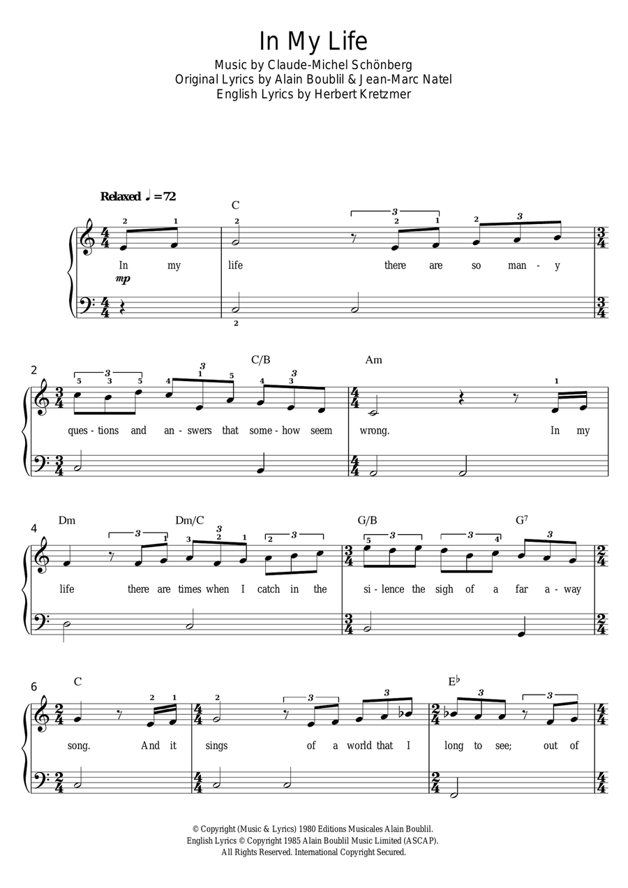In My Life (from Les Miserables) Easy Piano scores gallery preview page 1