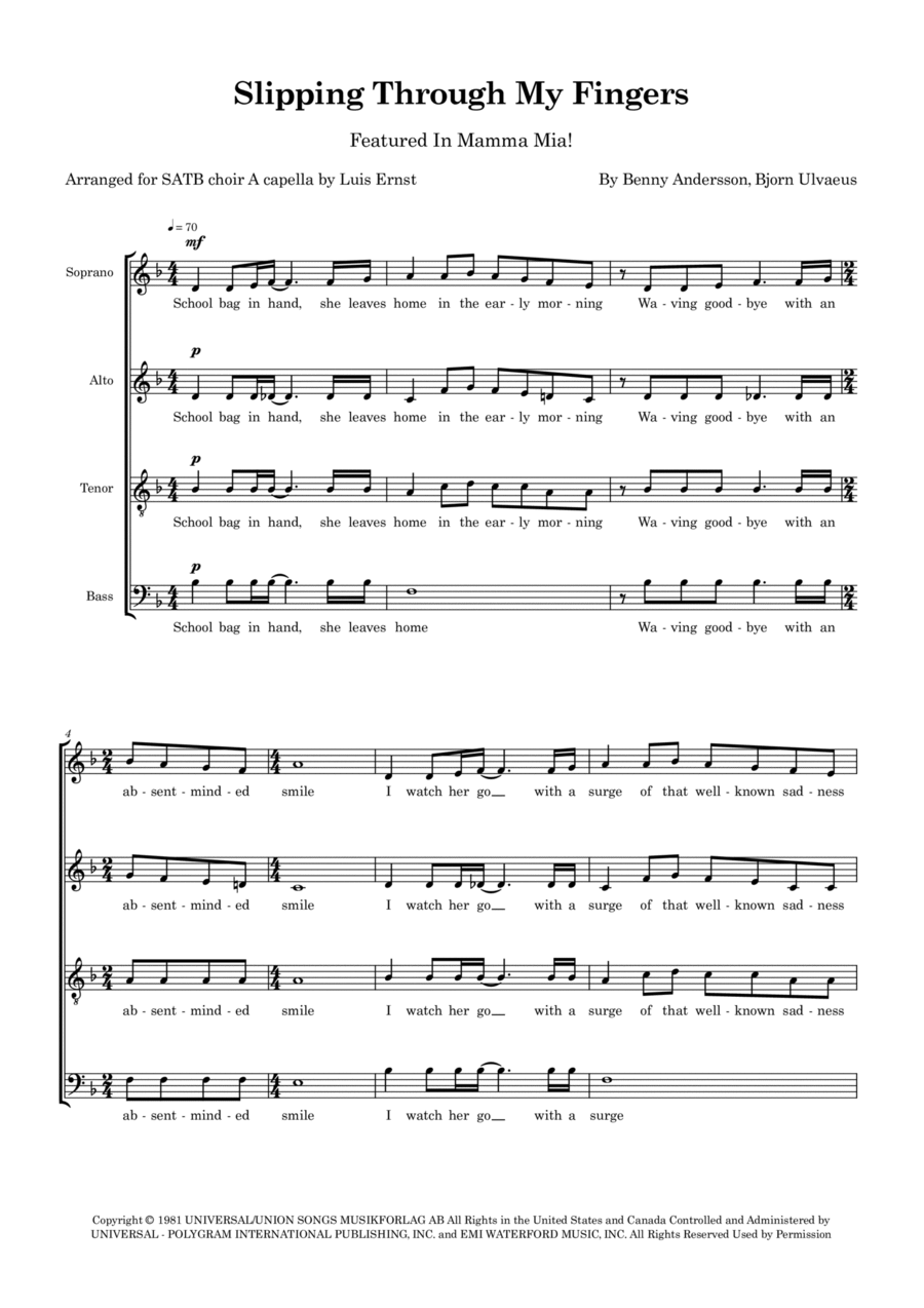 Slipping Through My Fingers 4-Part scores gallery preview page 1