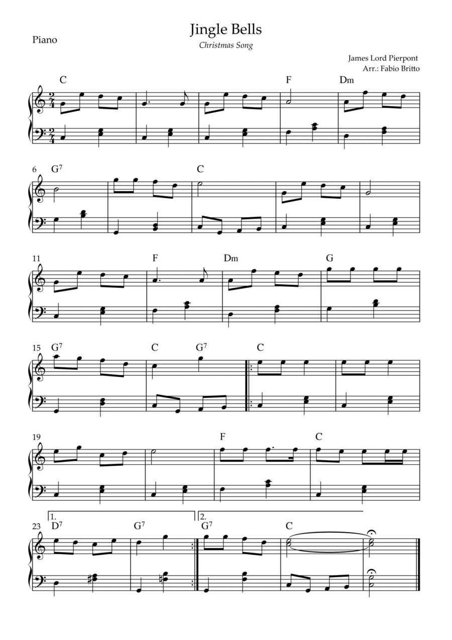 Jingle Bells (Christmas Song) for Easy Piano Solo with Chords (C Major) Easy Piano scores gallery preview page 1