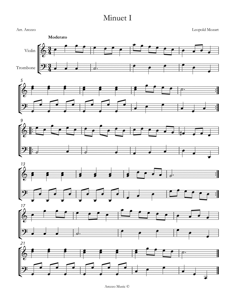 leopold mozart notebook for wolfgang minuet i violin and Trombone sheet music Chamber Music scores gallery preview page 1