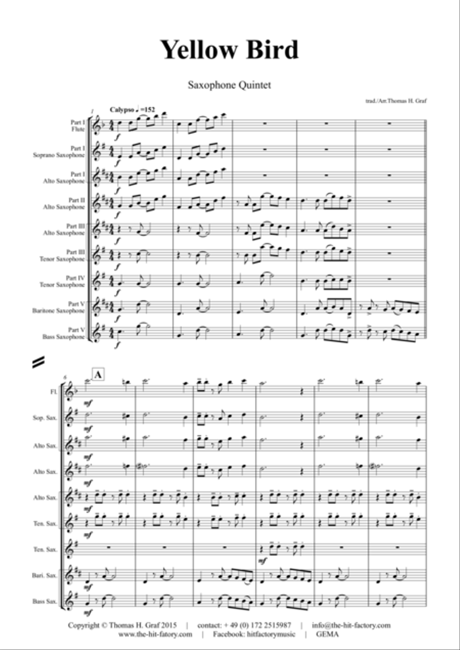 Yellow Bird - Haitian Folk Song - Calypso - Saxophone Quintet Saxophone Quintet scores gallery preview page 1