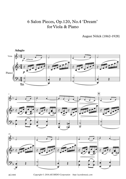 6 Salon Pieces, Op.120, No.4 ‘Dream’ for Viola & Piano image number null