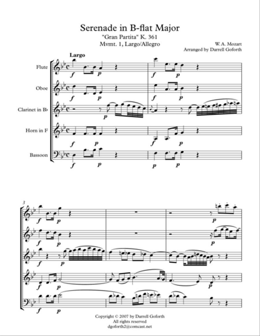 Mozart: Serenade in Bb Major, K. 361 (Gran Partita) for Wind Quintet Mvmt. 1 (Largo/Allegro) Woodwind Quintet scores gallery preview page 1