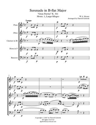 Book cover for Mozart: Serenade in Bb Major, K. 361 (Gran Partita) for Wind Quintet Mvmt. 1 (Largo/Allegro)