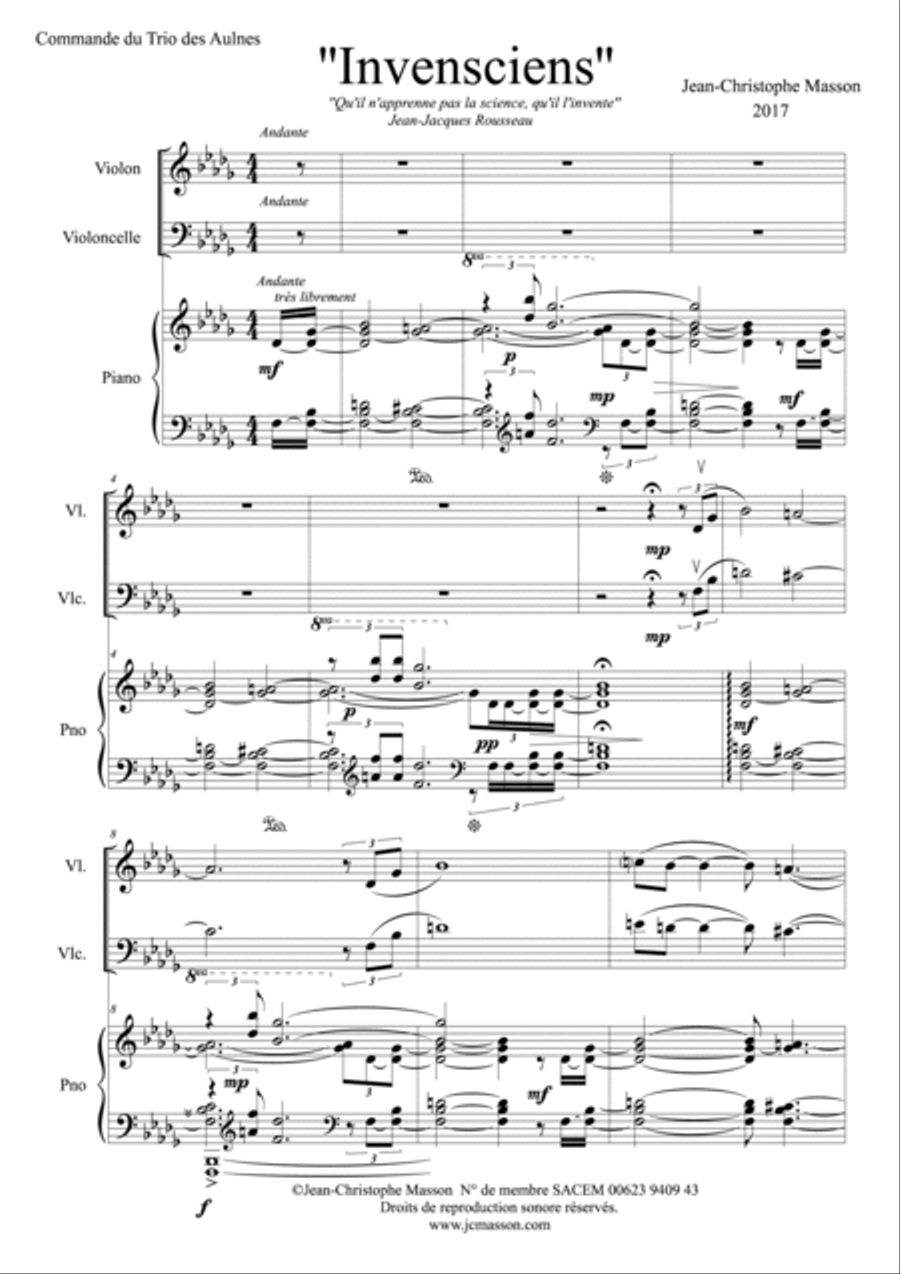 Invensciens --- Trio for Piano, Violin and Cello --- Score and Parts --- Command of Trio des Aulnes Piano Trio scores gallery preview page 2