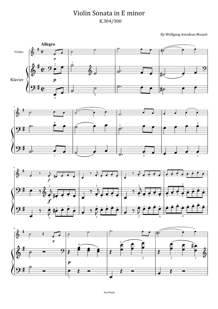 Mozart - Violin Sonata in E minor - K.304/300 - Violin Sonata No.21 Original Compelet With Fingered Violin Solo scores gallery preview page 1