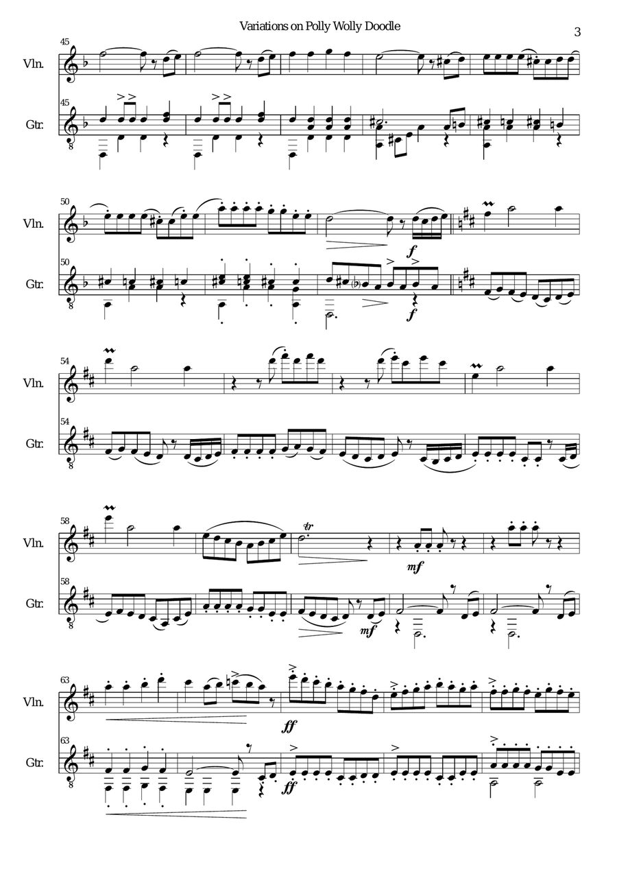 Variations on Polly Wolly Doodle for violin and guitar String Duet scores gallery preview page 3