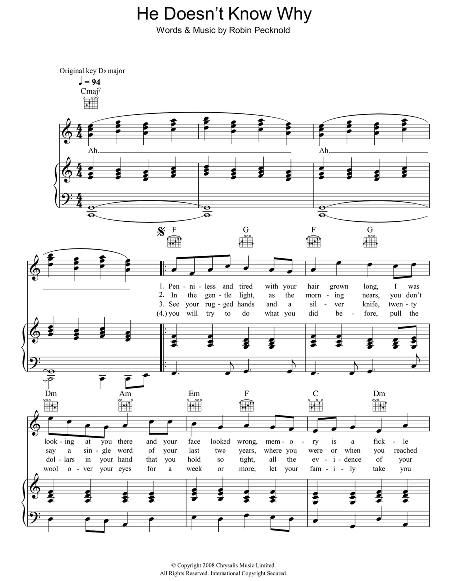 He Doesn't Know Why Piano, Vocal, Guitar scores gallery preview page 1