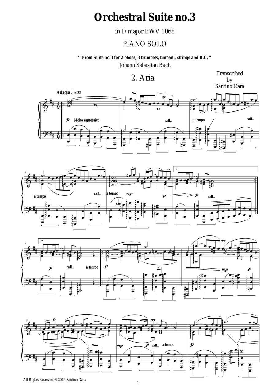 J.S.Bach - Orchestral Suite no.3 in D major BWV 1068 - 2. Aria - Piano version Piano Solo scores gallery preview page 1