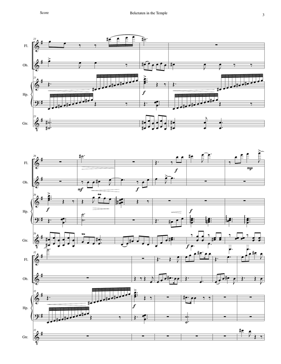 Beketaten in the Temple for flute, oboe, guitar and harp Small Ensemble scores gallery preview page 3