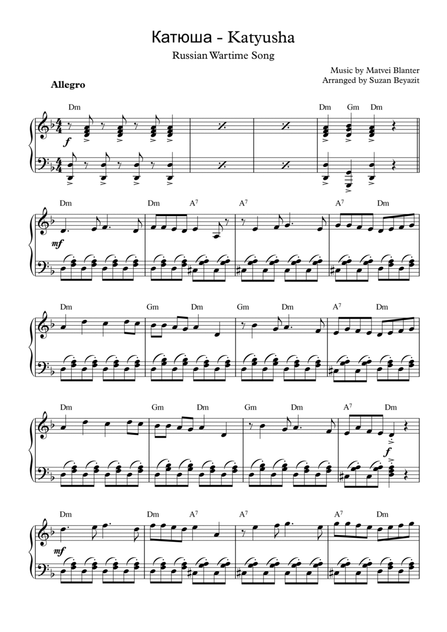 Katyusha Easy Piano scores gallery preview page 1