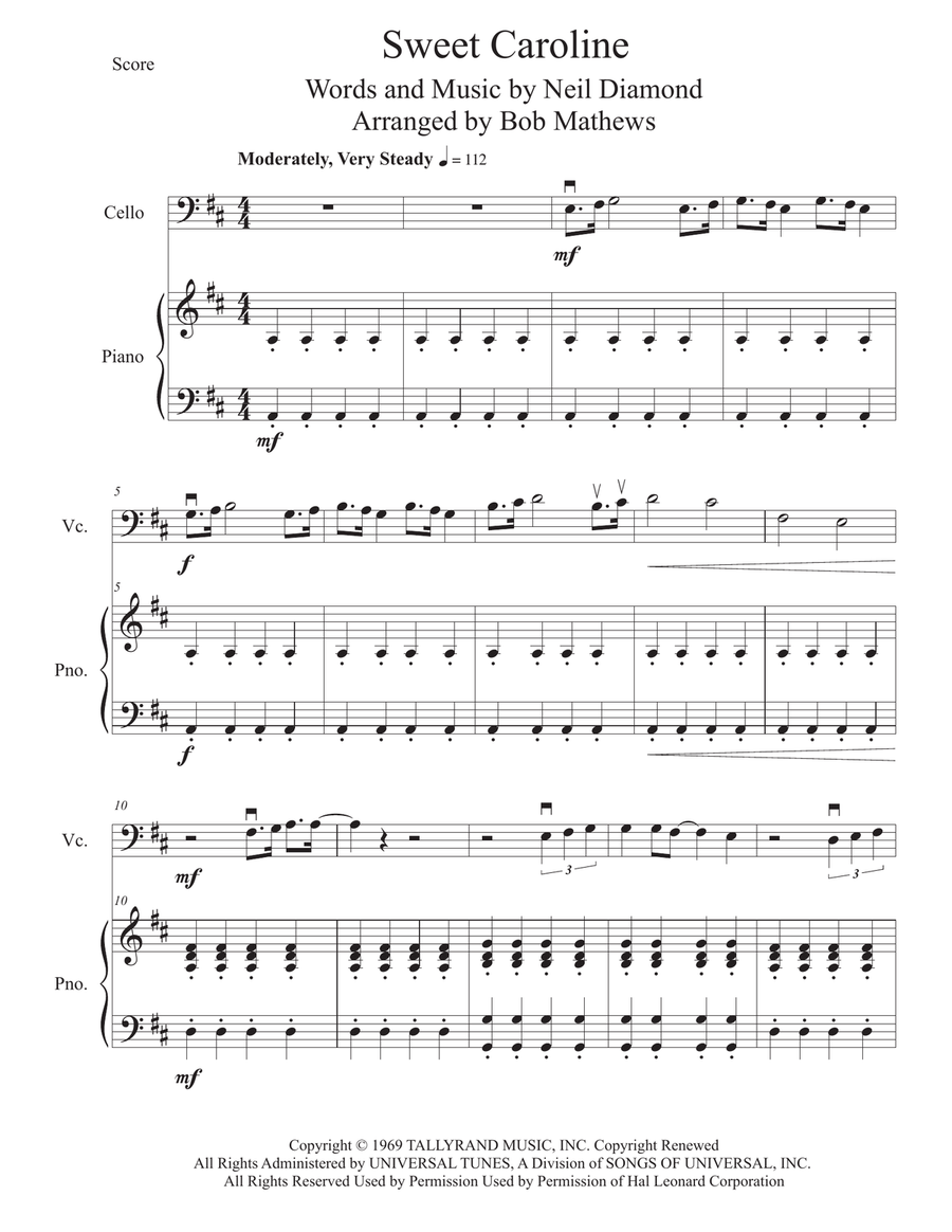 Sweet Caroline Cello Solo scores gallery preview page 1