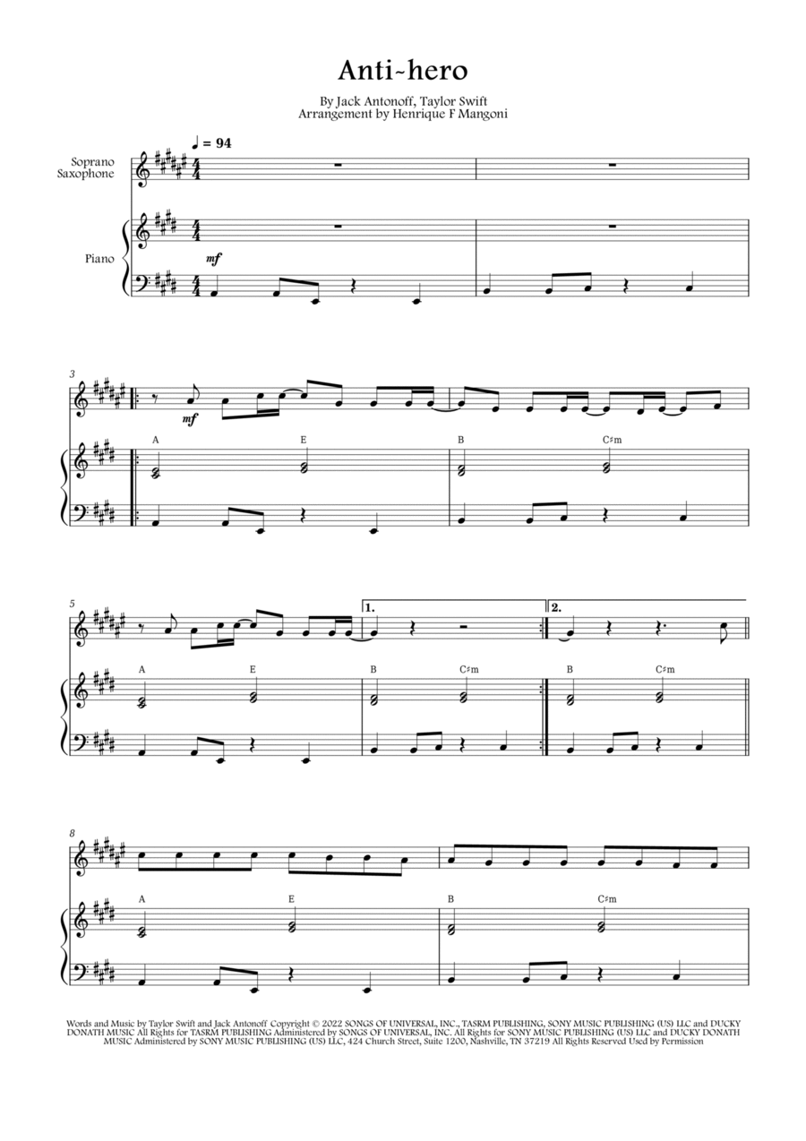 Anti-hero Soprano Saxophone scores gallery preview page 1