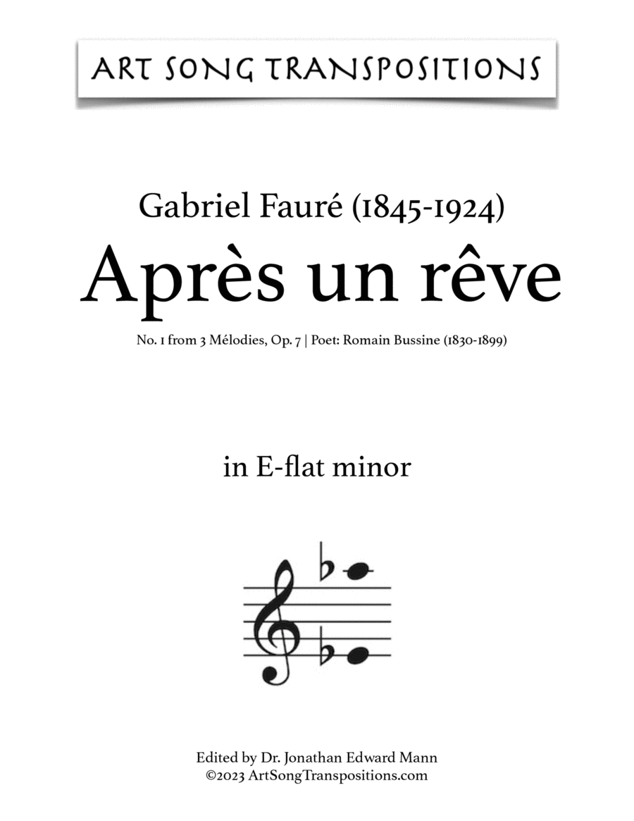 FAURÉ: Après un rêve, Op. 7 no. 1 (transposed to E-flat minor, D minor, and C-sharp minor) Voice scores gallery preview page 1