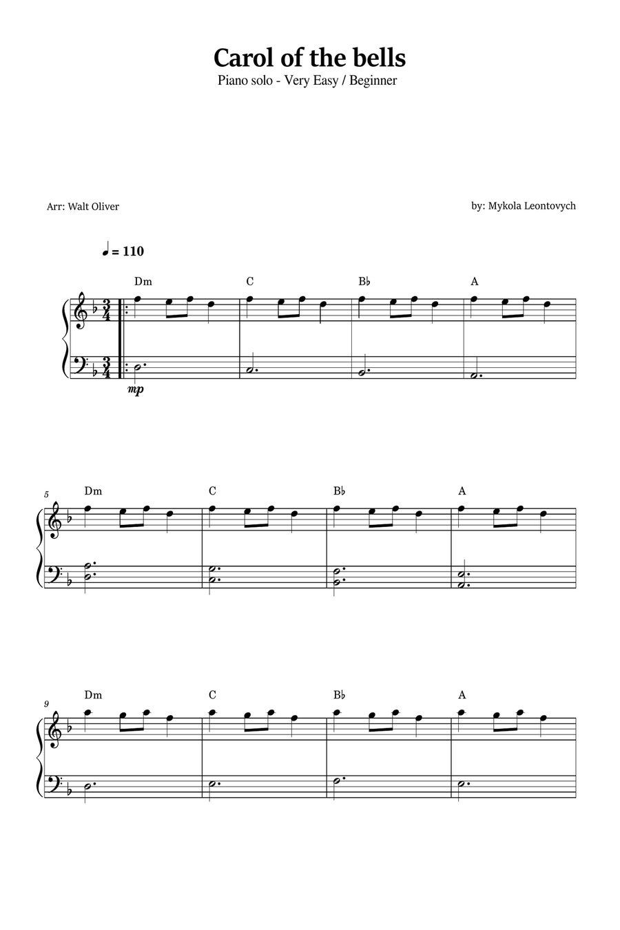 Carol of The Bells (Very Easy - Beginner Piano) in D minor - With Chords Easy Piano scores gallery preview page 1