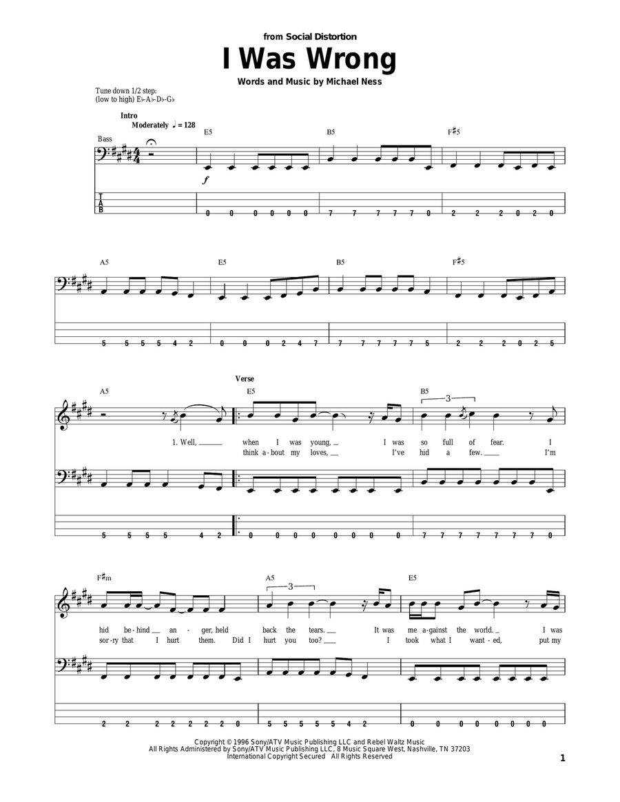 I Was Wrong Bass Guitar Tablature scores gallery preview page 1