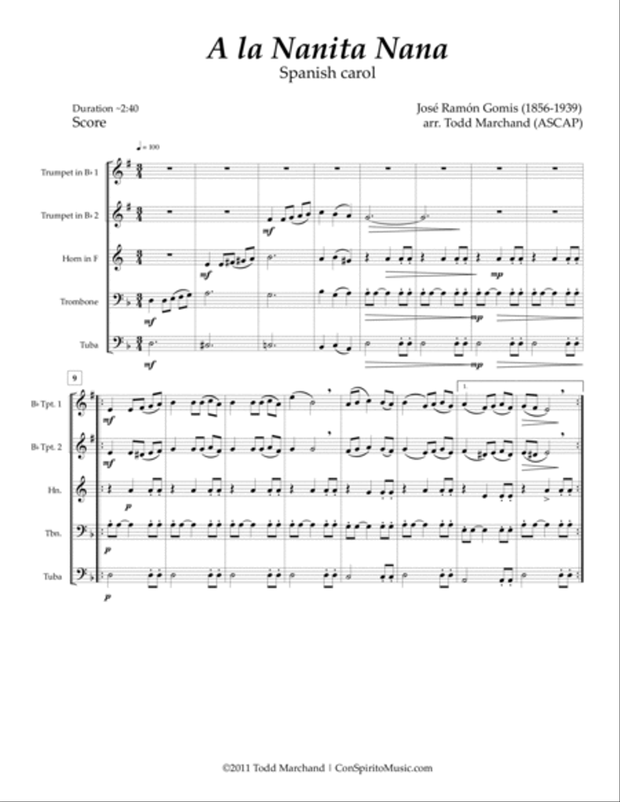 A la nanita nana (Spanish carol) — brass quintet Brass Quintet scores gallery preview page 3
