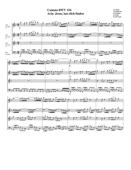 Aria: Jesus, lass dich finden from cantata BWV 154 (arrangement for 4 recorders (AAAB))