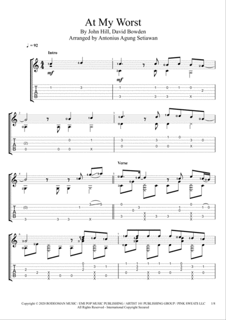 At My Worst Guitar Tablature scores gallery preview page 1
