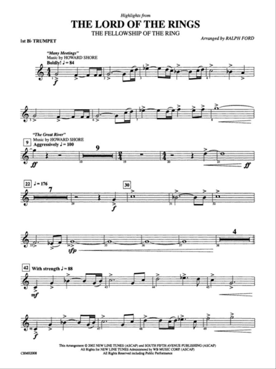 The Lord of the Rings: The Fellowship of the Ring, Highlights from: 1st B-flat Trumpet Concert Band scores gallery preview page 1