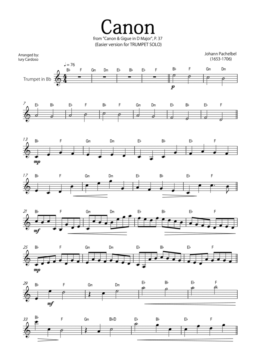 "Canon" by Pachelbel - EASY version for TRUMPET SOLO. image number null