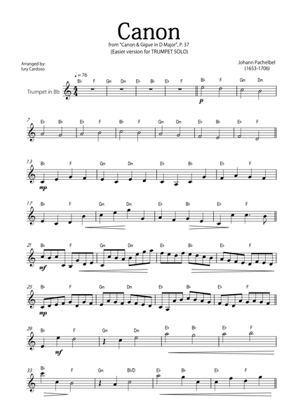 "Canon" by Pachelbel - EASY version for TRUMPET SOLO. image number null