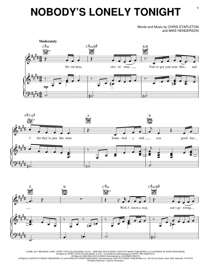 Nobody's Lonely Tonight Nobody's Lonely Tonight Piano, Vocal, Guitar scores gallery preview page 1