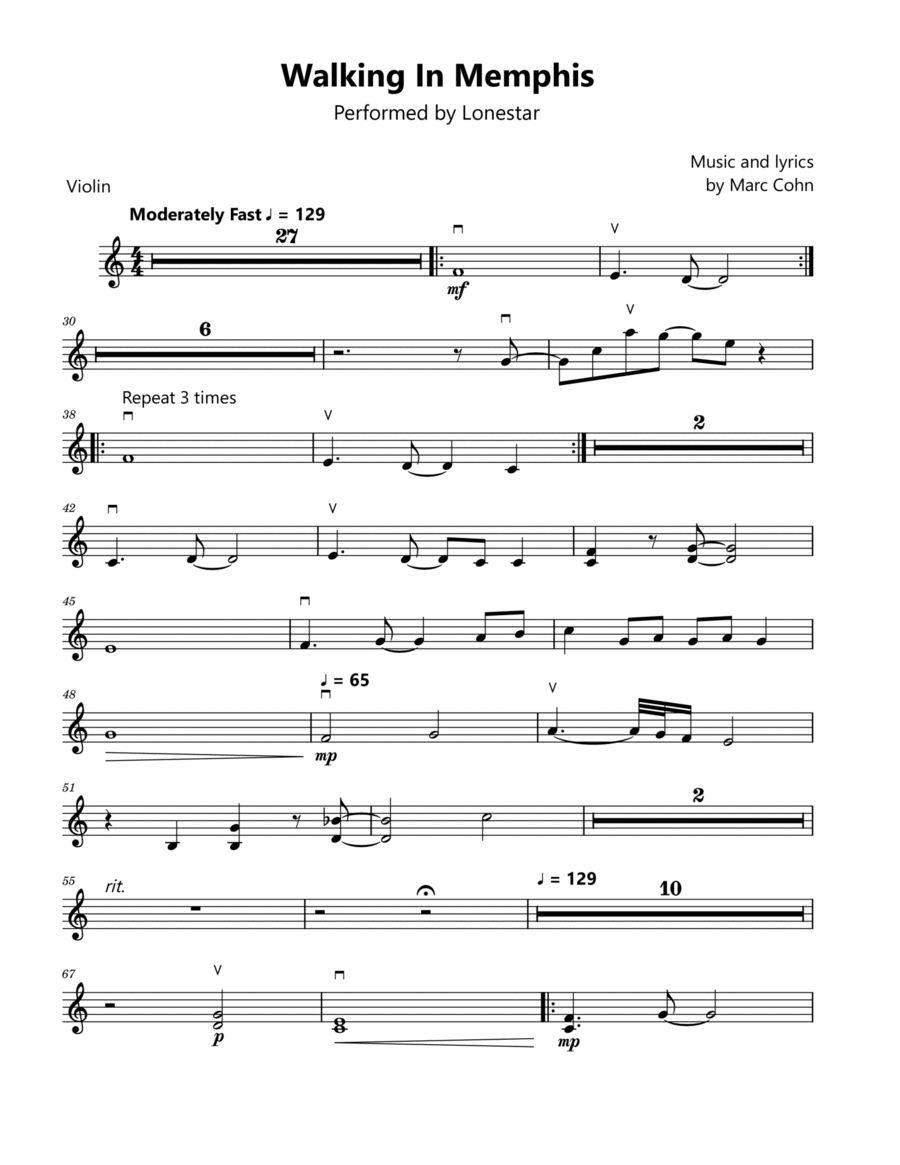 Walking In Memphis Violin Solo scores gallery preview page 1
