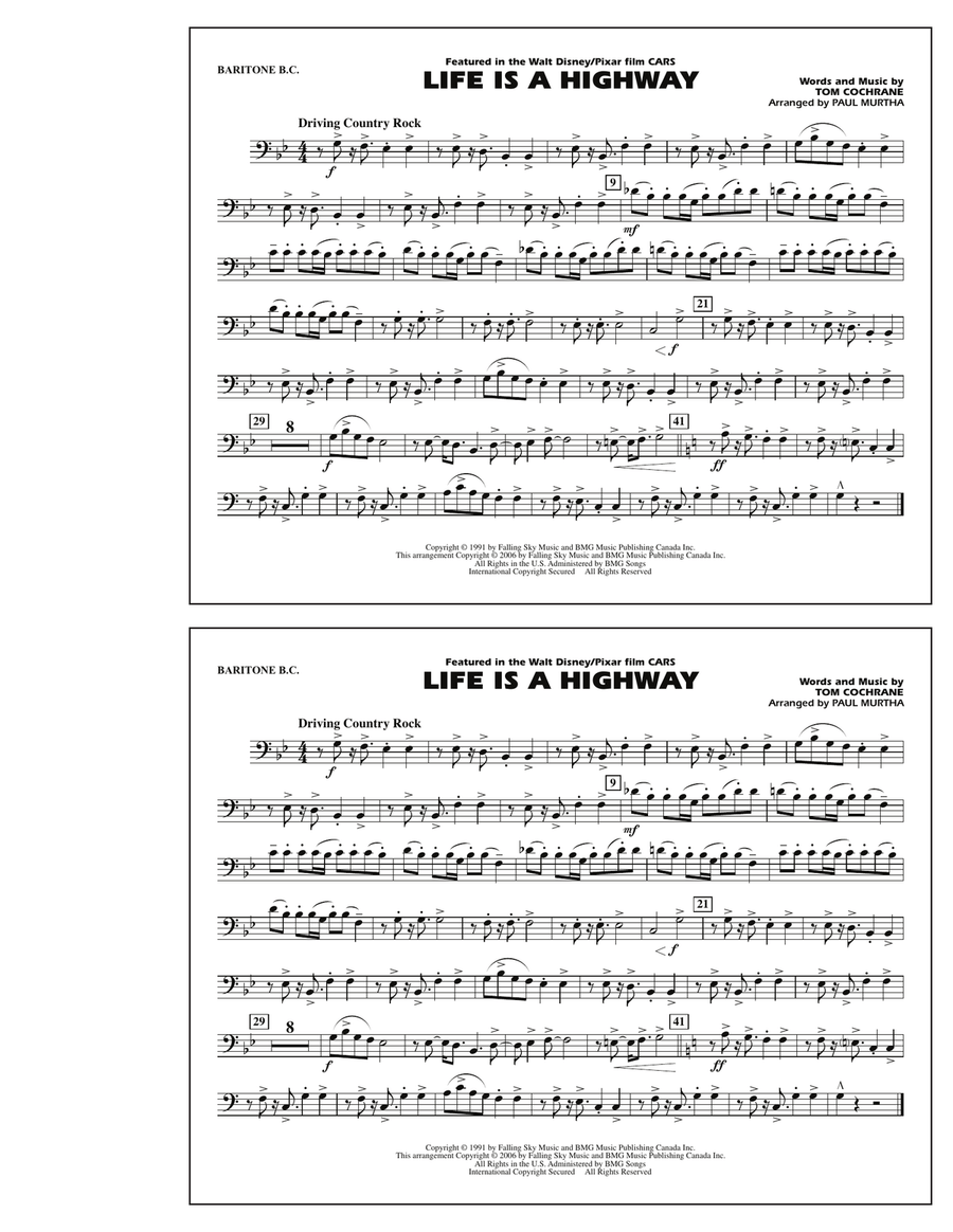 Life Is A Highway - Baritone B.C. Marching Band scores gallery preview page 1