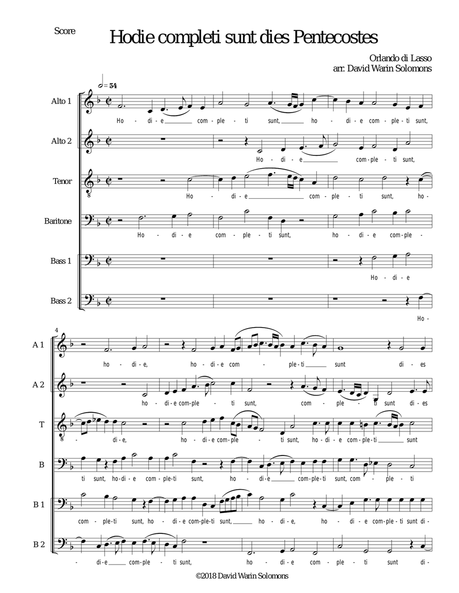 Hodie completi sunt by Orlando di Lasso for AATBarBB Hodie completi sunt by Orlando di Lasso for AATBarBB Choir scores gallery preview page 1