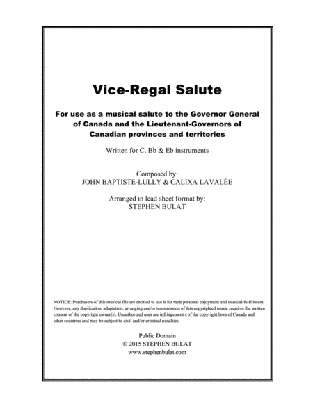 Vice-Regal Salute for Governor General & Lieutenant-Governors of Canada - Lead sheet for C, Bb & Eb