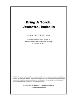 Bring A Torch, Jeanette, Isabella - Lead sheet arranged in traditional and jazz style (key of E)