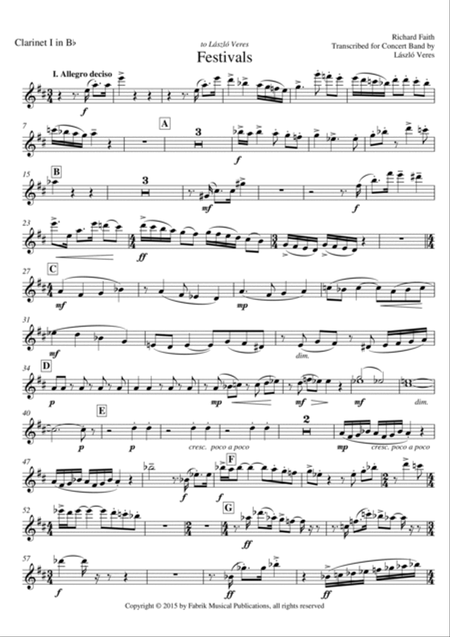 Richard Faith/László Veres: Festivals for concert band, Bb clarinet I part Concert Band scores gallery preview page 2