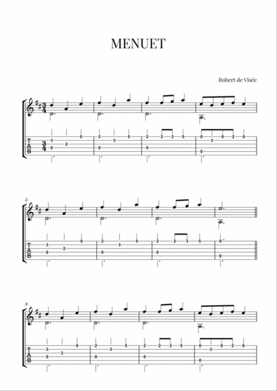 Robert de Vis e Menuet Easy Classical Guitar with Tabs by