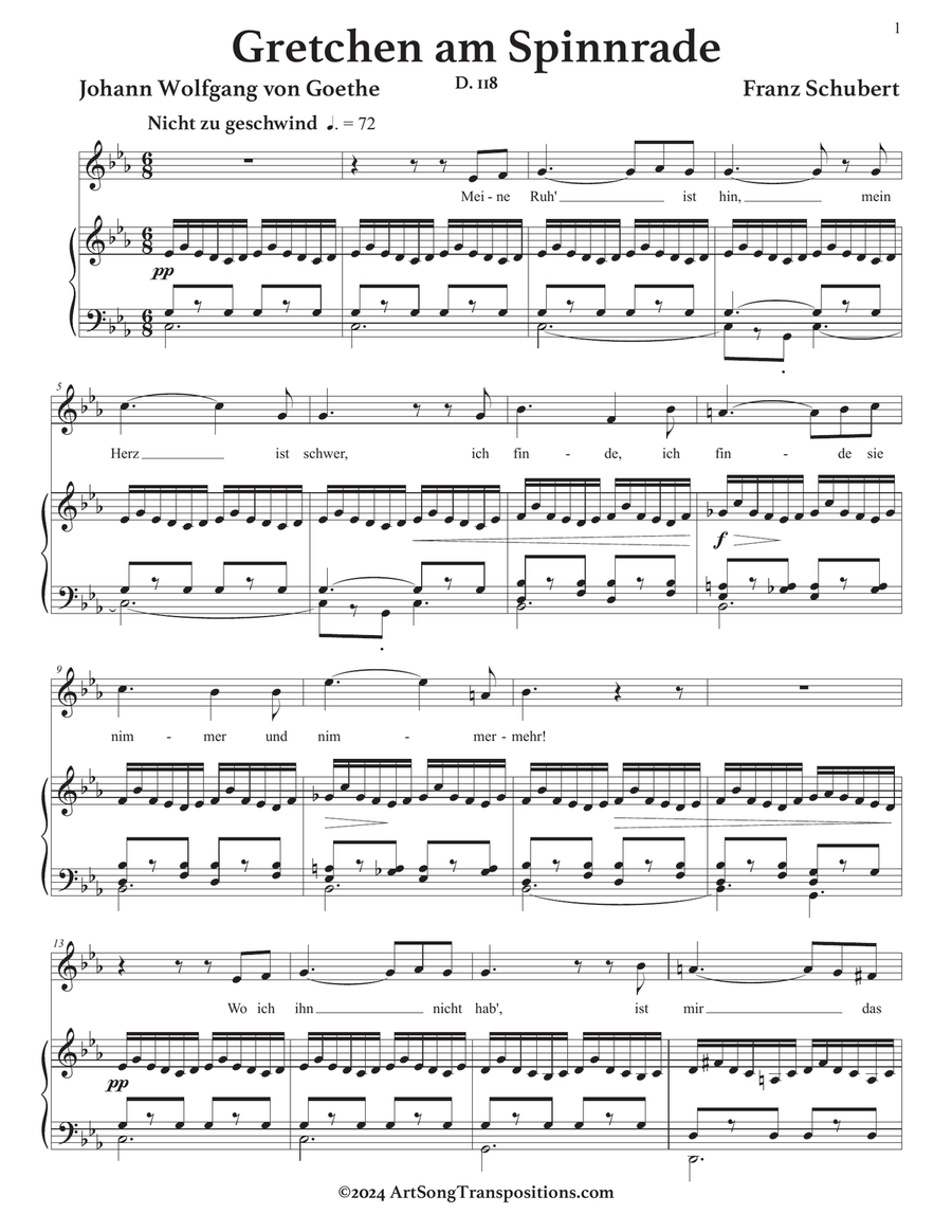 SCHUBERT: Gretchen am Spinnrade, D. 118 (transposed to C minor) Piano, Vocal scores gallery preview page 2