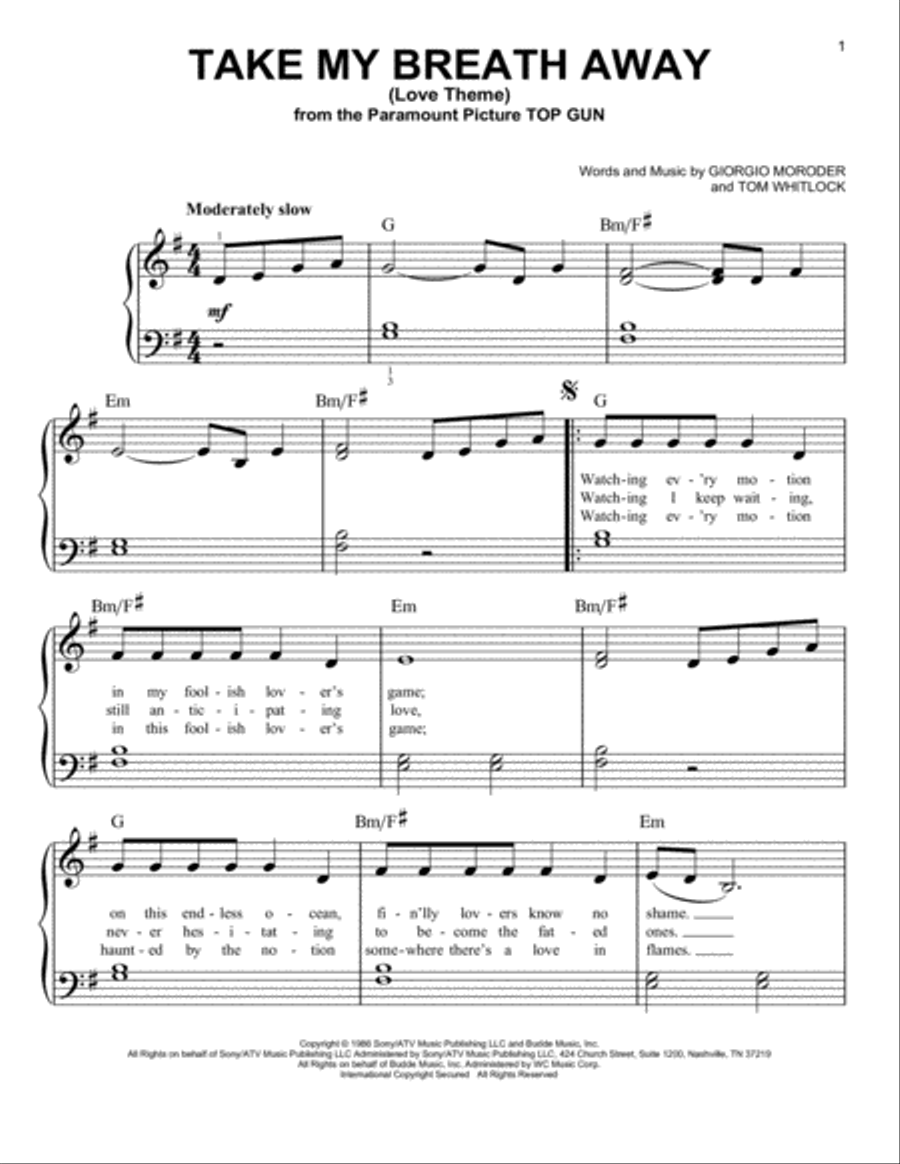 Take My Breath Away (Love Theme) Easy Piano scores gallery preview page 1