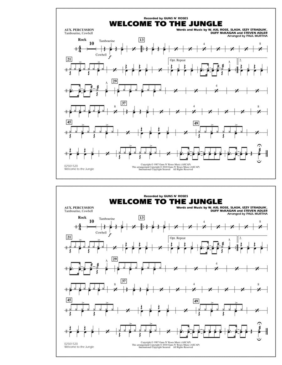 Welcome To The Jungle - Aux Percussion Marching Band scores gallery preview page 1