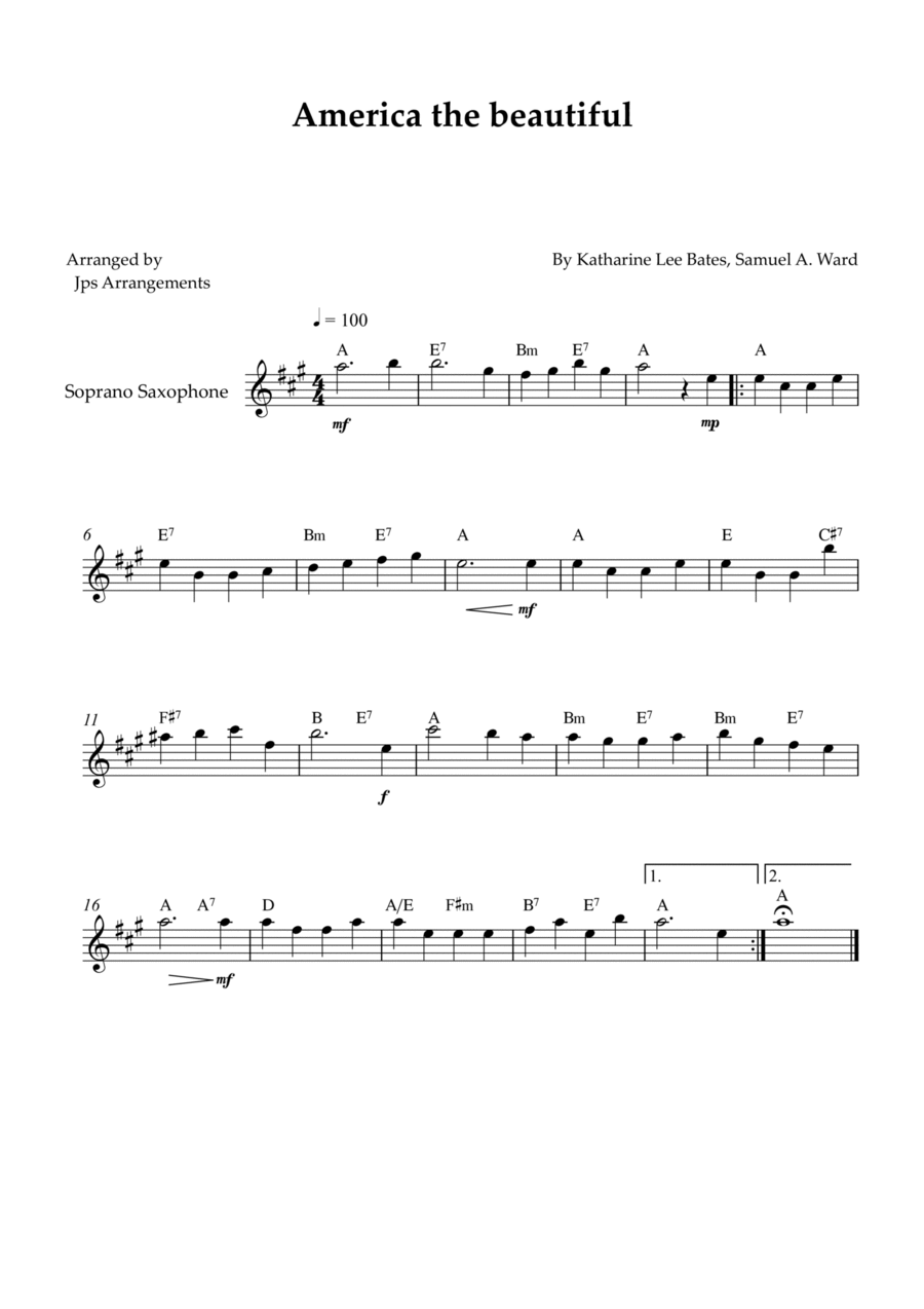 America The Beautiful - Soprano sax solo (+ CHORDS) Soprano Saxophone scores gallery preview page 1