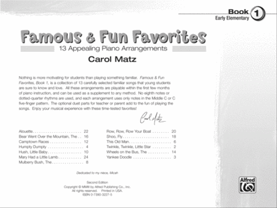 Book cover for Famous & Fun Favorites, Book 1: 13 Appealing Piano Arrangements