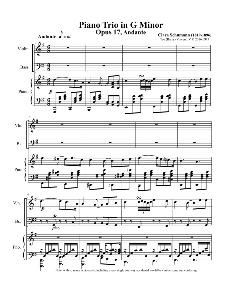 Piano Trio in G minor, Op.17, Adagio (Arr. for Double Bass, Piano & Violin) Small Ensemble scores gallery preview page 1