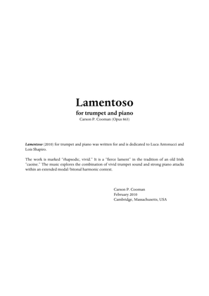 Book cover for Carson Cooman : Lamentoso (2010) for trumpet and piano