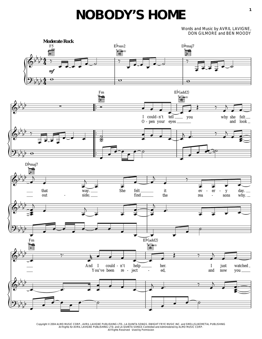 Nobody's Home Piano, Vocal, Guitar scores gallery preview page 1