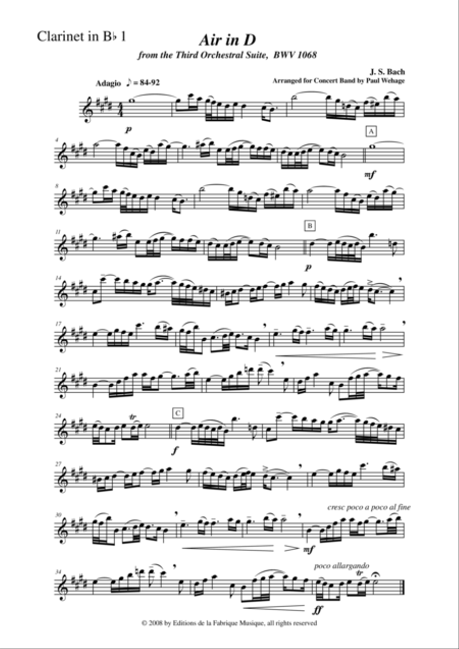 Johann Sebastian Bach/Wehage, Air in D from the Third orchestral suite, BWV 1068 arranged for concer Concert Band scores gallery preview page 1